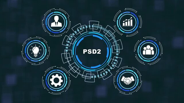 Dynamic psd2 financial technology infographic animation featuring rotating digital interface banking security global data connectivity, and modern ui motion for fintech presentations