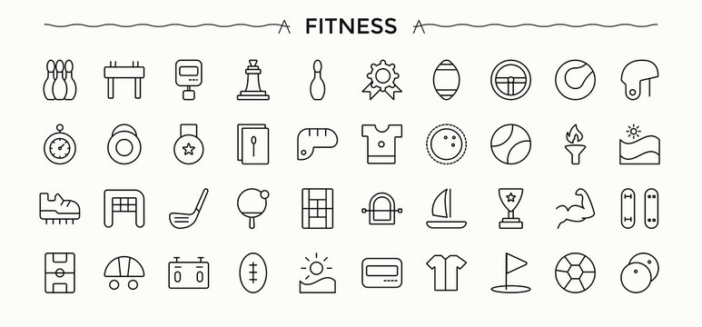 Fitness and Gym icon set. Outline icons collection. Vector artwork and illustration. Exercise icon set. Contains such symbols as gym, healthy, exercise, health, diet, workout, fitness and more.