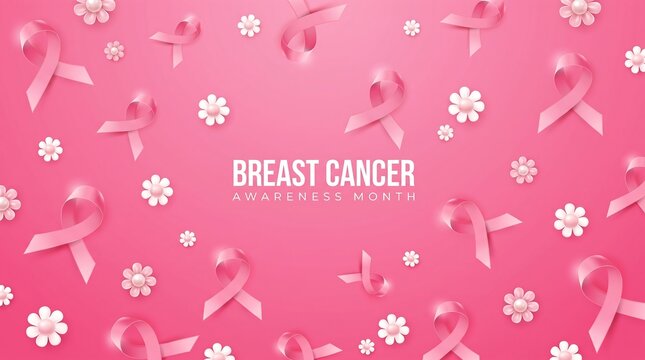 Breast cancer awareness month design with pink ribbons and flowers on pink background.