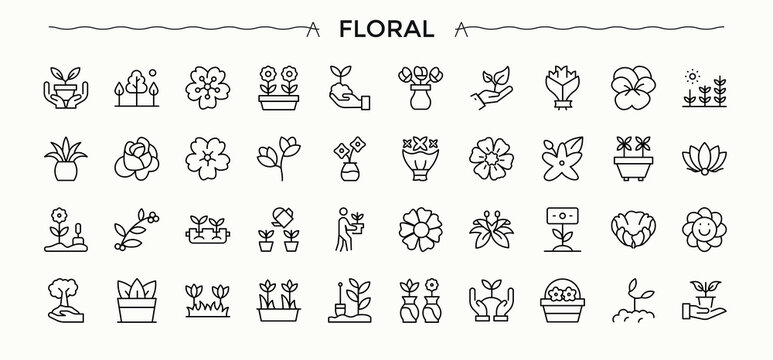 Floral icon set. Modern vector UI icons. Floral icon collection. Containing nature, plant, flower garden, bloom, blossom and more.