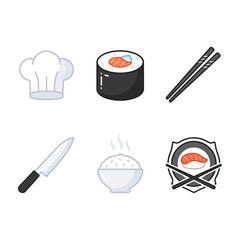 Sushi and cooking icons including chef hat, maki roll, chopsticks, knife, rice bowl © BezierForge