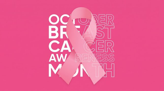 Pink breast cancer awareness ribbon with layered typography on pink background.