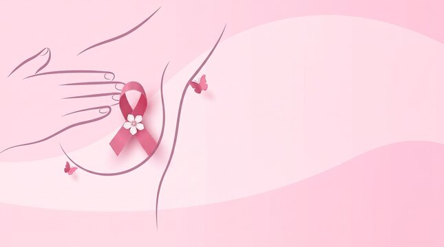 Breast cancer awareness concept with pink ribbon and hand outline against pastel background for women health campaigns.