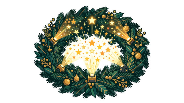 Graphic illustration of a festive Christmas wreath adorned with glowing stars and spotlights