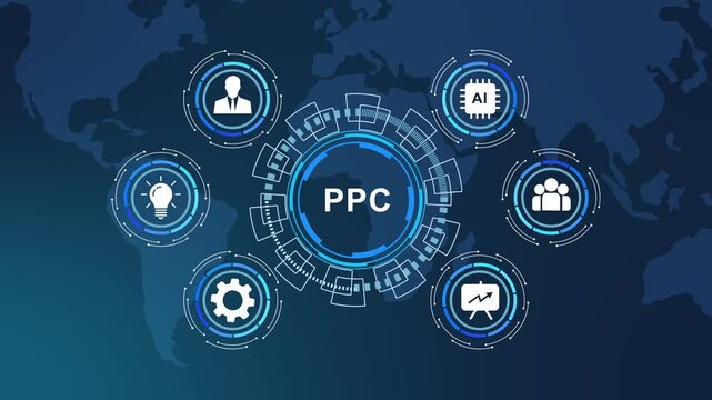 Dynamic digital ppc marketing strategy infographic featuring animated global network and futuristic hud interface for business growth, data analytics, and online advertising campaigns