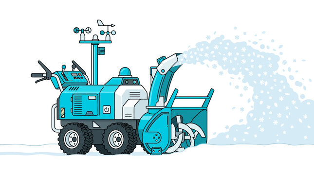illustration of a modern autonomous snow blower machine operating in winter clearing snow