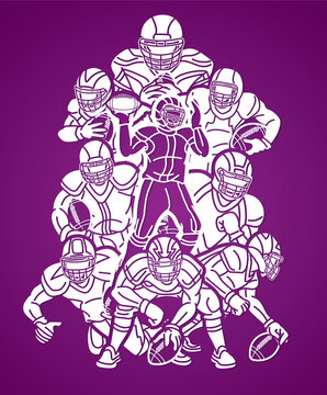 American Football Sport Group of Male Players Mix Action Cartoon Graphic Vector