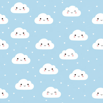 Smiling clouds on a blue background with little rosy cheeks