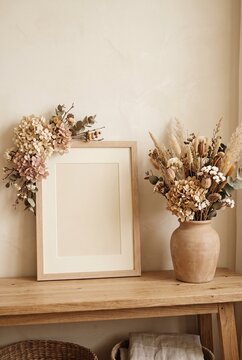 Scandinavian minimalist shelf with dried flowers and wooden frame mockup