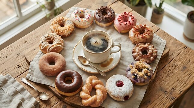 Assorted Gourmet Glazed and Powdered Donuts Arranged in a Circle Around a Cup of Coffee on a Rustic Wooden Table
