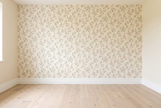 Classic floral wallpapered room with light wooden flooring and copy space
