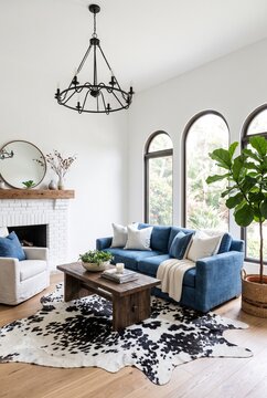 Contemporary living room with blue sofa and arched windows