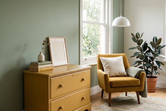 Scandinavian living room with mustard armchair and natural window light
