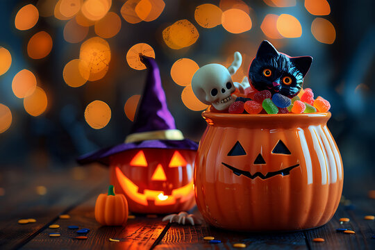 Close-up of an orange ceramic Halloween pumpkin jar filled with gummy candies a skull and black cat