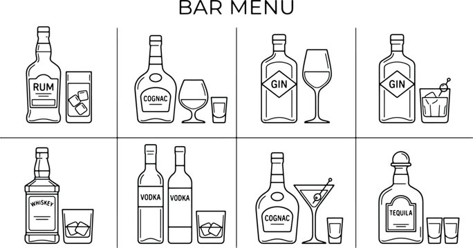 Bar menu icons, set of alcohol bottles and glasses with drink names in black line style