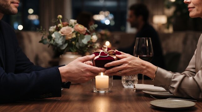 Man giving a heart shaped gift box to a woman during a romantic candlelit dinner at a restaurant