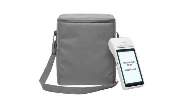 Portable payment terminal and insulated cooler bag with shoulder strap for mobile business transactions PNG Isolated on transparent background