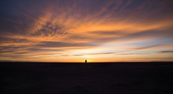 Lone silhouette against a vibrant sunset sky with dramatic clouds over a flat horizon