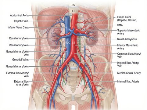 Medical Diagram of Human Abdominal Arteries and Veins illustration