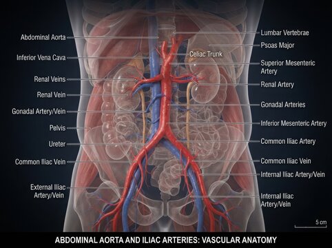 Abdominal aorta and iliac arteries medical anatomy diagram illustration