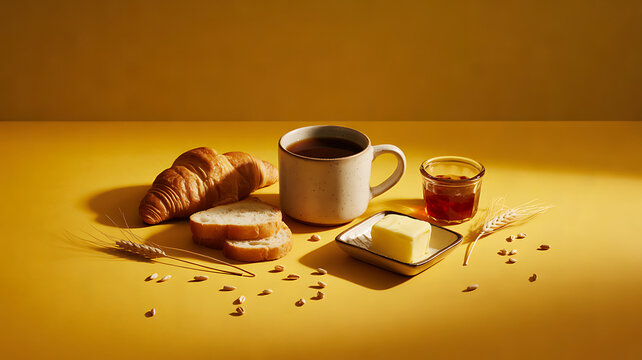 Breakfast food assortment with croissant, bread slices, coffee mug, butter, and jam on yellow background