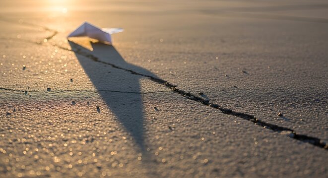 Paper airplane casting long shadow on cracked ground during golden hour sunset symbolizing hope and resilience