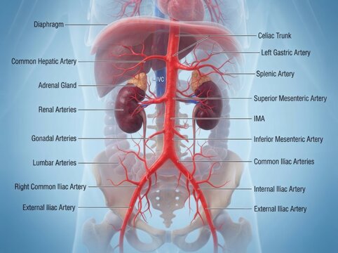 Abdominal aorta and arterial system medical diagram illustration