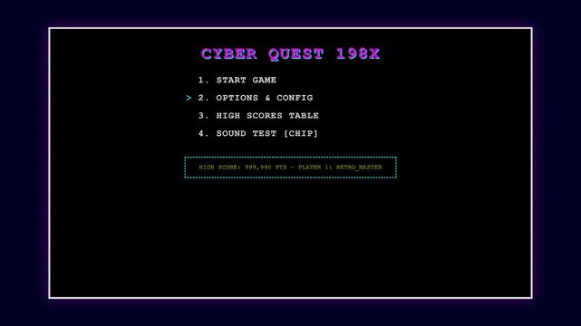 Procedural 4K motion graphics of an 8-bit arcade game start menu with blinking selection cursor, pixel borders, high score table, and vibrant retro palette.