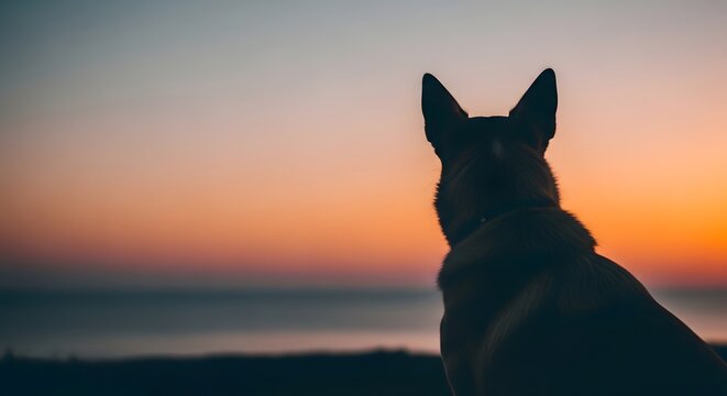 Silhouette German Shepherd dog watching sunset over ocean horizon during dusk with warm sky