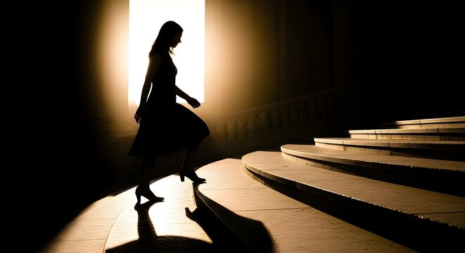 Silhouette of a woman climbing grand stairs in dramatic backlighting towards opportunity and success