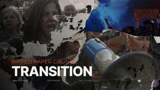 Ripped Paper Grunge Transition / Organic Newspaper Tear and Mixed Media Paper Wipes for Documentary and Cinematic Edits / Horizontal / Part 08