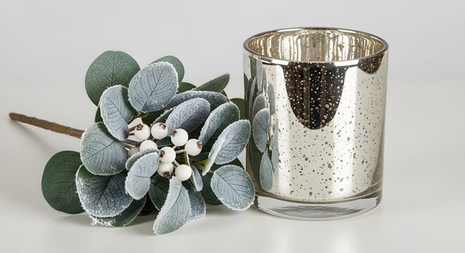 Silver mercury glass votive holder with frosted eucalyptus sprigs on white surface