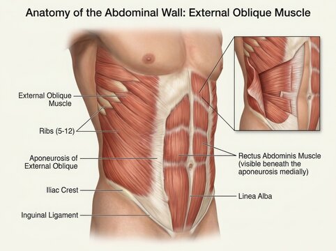 Anatomy diagram of the human external oblique abdominal muscle illustration