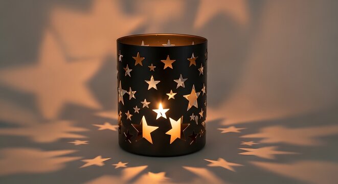 Star lantern casting warm shadows with a glowing candle inside on a neutral background