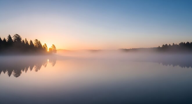 Sunrise over a misty lake with silhouetted trees reflecting on calm water during dawn