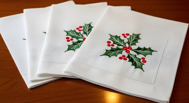 White embroidered linen napkins with holly sprigs during a festive winter celebration