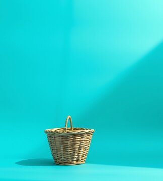 A single empty wicker basket with a handle sitting on a vibrant turquoise background with natural light and shadow presented in a clean studio shot