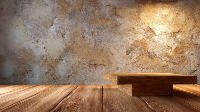Rustic Wooden Table against Textured Wall with Warm Lighting