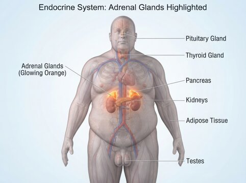 Human endocrine system showing highlighted adrenal glands illustration