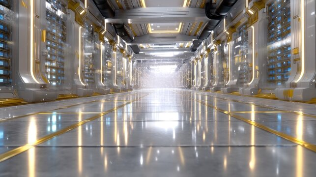 Futuristic Corridor with Bright Lights and Metallic Surroundings