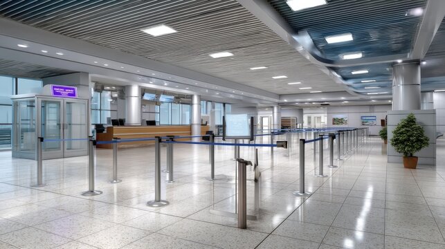 Modern Airport Terminal Interior with Check-in Counters and Security Lines
