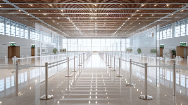 Modern Airport Terminal Interior with Long Queue Lines and Bright Lighting