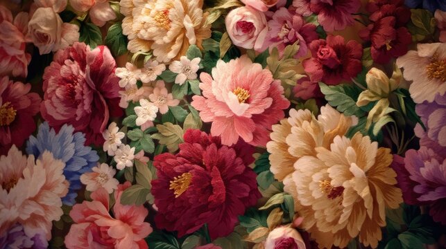 Vibrant Floral Pattern with Colorful Blooms and Lush Greenery Detail