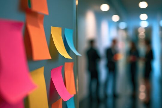 Colorful sticky notes on a glass wall with blurred people in the background, suggesting a brainstorming or collaborative office environment.
