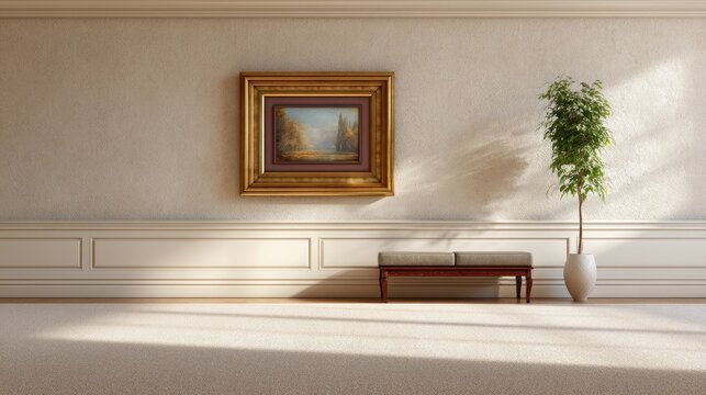 Elegant Minimalist Interior with Artwork and Indoor Plant Display
