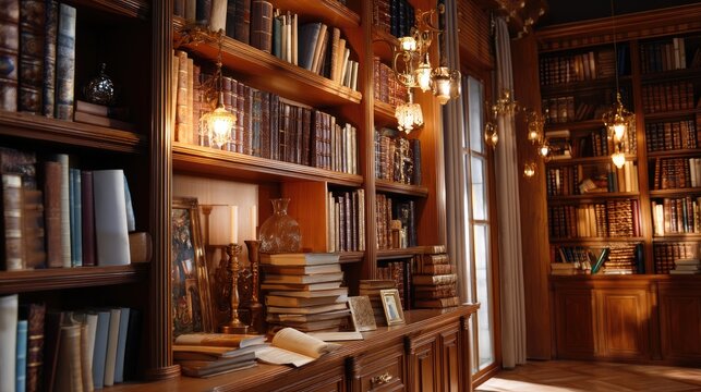 Cozy and Elegant Library With Bookshelves and Soft Lighting