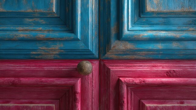 Vibrant Wooden Door with Vintage Paint in Blue and Pink Colors