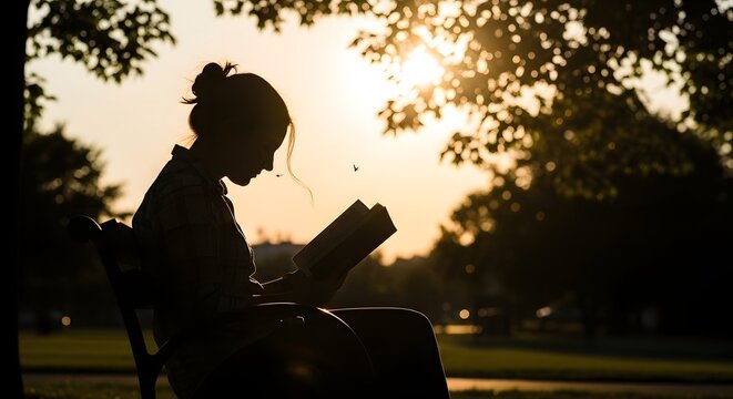 Young woman reading a book in silhouette against a golden sunset with dappled light and trees