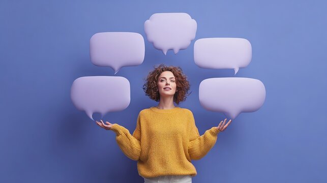 Woman balancing speech bubbles in a playful manner.