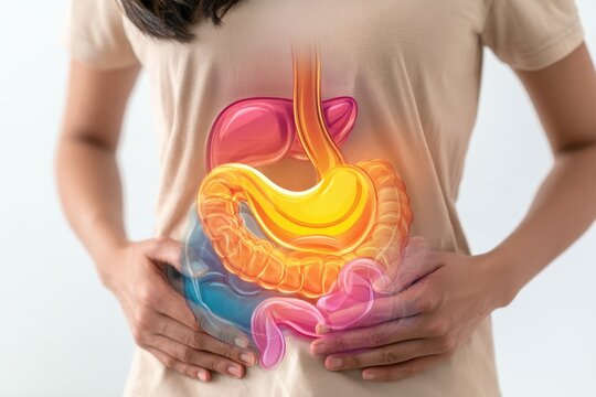 A person holds their abdomen with a digital overlay of the digestive system highlighting key organs like the stomach, liver, and intestines.